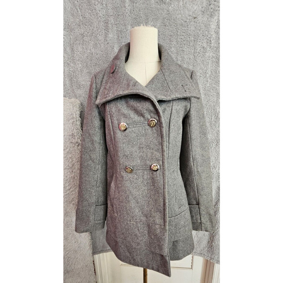 Black Rivet Wool Double Breasted Pea Coat Military Long Line Grey Small 2 4 6‎ - Picture 3 of 7